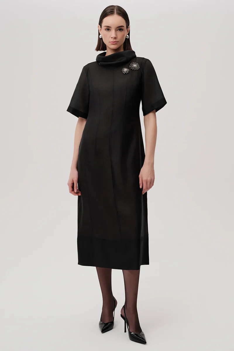 Exquise High Neck, Stone Detail, Short Sleeved Regular Midi Black Dress