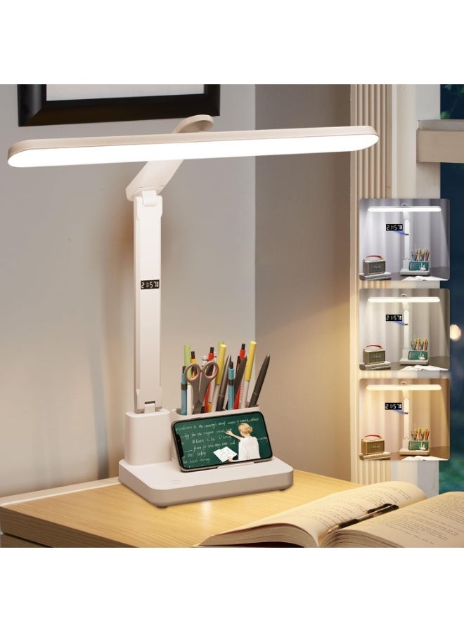 Dimmable Rechargeable LED Desk Lamp with Clock, Pen & Phone Holder, Battery Operated Touch Table Lamp for Study, 3 Lighting Modes, 360 Adjustable - Image 1