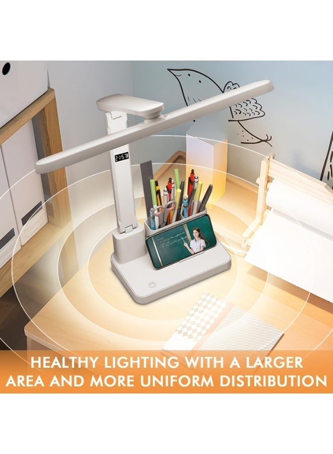 Dimmable Rechargeable LED Desk Lamp with Clock, Pen & Phone Holder, Battery Operated Touch Table Lamp for Study, 3 Lighting Modes, 360 Adjustable - Image 2