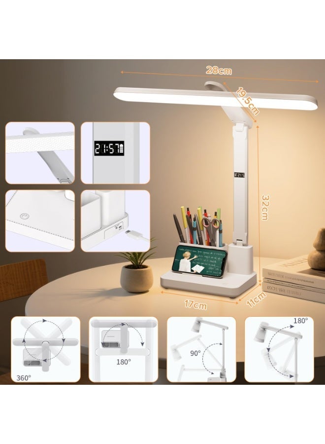 Dimmable Rechargeable LED Desk Lamp with Clock, Pen & Phone Holder, Battery Operated Touch Table Lamp for Study, 3 Lighting Modes, 360 Adjustable - Image 4