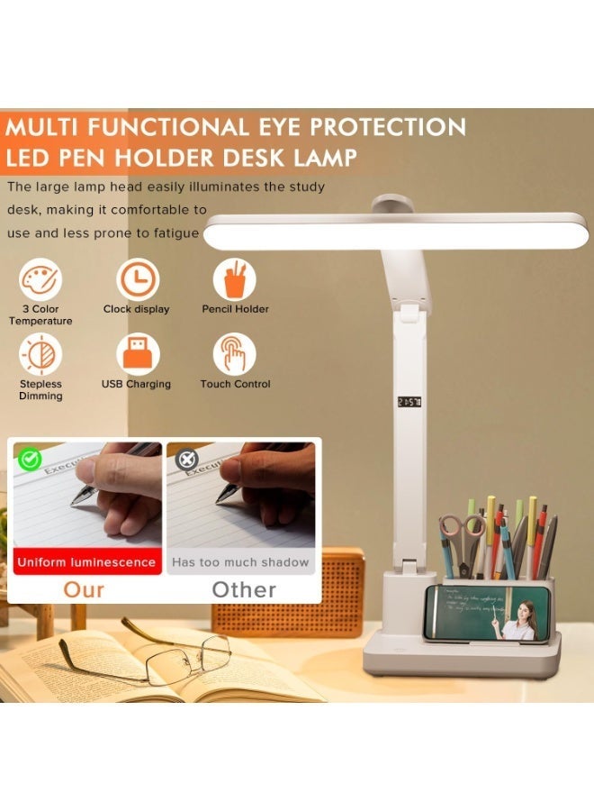 Dimmable Rechargeable LED Desk Lamp with Clock, Pen & Phone Holder, Battery Operated Touch Table Lamp for Study, 3 Lighting Modes, 360 Adjustable - Image 3