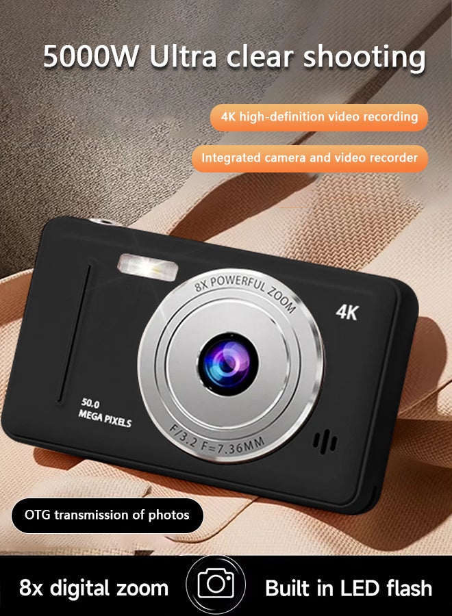 Generic 4K HD CCD digital camera, intelligent anti-shake 8x zoom, dual camera flash, 50MP HD pixels, retro camera auto focus, free 128GB card and card reader  - Image 1