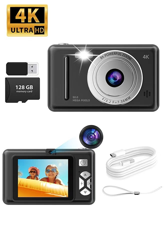Generic 4K HD CCD digital camera, intelligent anti-shake 8x zoom, dual camera flash, 50MP HD pixels, retro camera auto focus, free 128GB card and card reader - Image 1