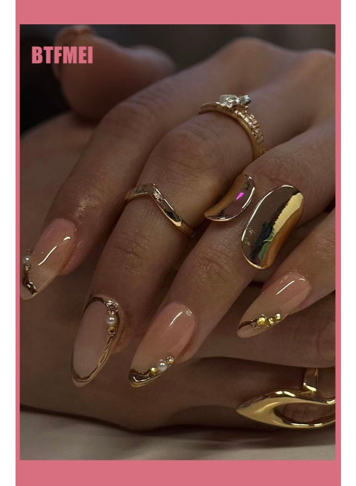 BTFMEI 24Pcs French Manicure with Gold-Edged Nails, Short Almond Press On False Nails, 3D Gold Lines & Pearl Acrylic Nails Nude Translucent Nails Press ons Simple & Reusable Stick on Nails, Perfect for Parties & Weddings - Image 2