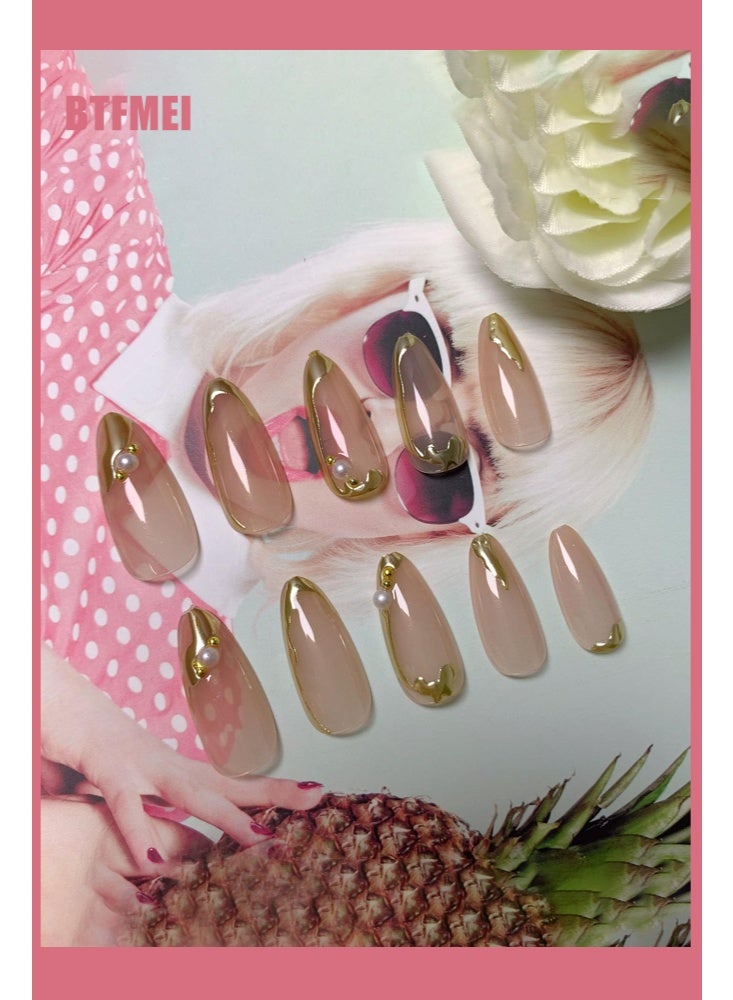 BTFMEI 24Pcs French Manicure with Gold-Edged Nails, Short Almond Press On False Nails, 3D Gold Lines & Pearl Acrylic Nails Nude Translucent Nails Press ons Simple & Reusable Stick on Nails, Perfect for Parties & Weddings - Image 4