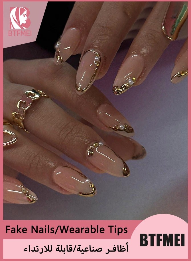 BTFMEI 24Pcs French Manicure with Gold-Edged Nails, Short Almond Press On False Nails, 3D Gold Lines & Pearl Acrylic Nails Nude Translucent Nails Press ons Simple & Reusable Stick on Nails, Perfect for Parties & Weddings - Image 1