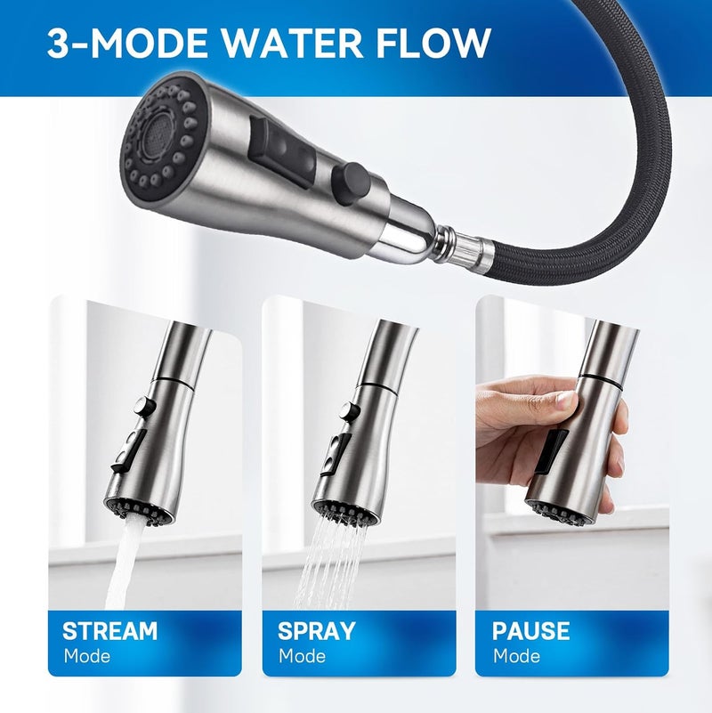 Arofa Kitchen Faucet with Pull Down Sprayer, Brushed Nickel Kitchen Sink Faucet 1-3 Hole Single Handle High Arc Stainless Steel Commercial Modern Kitchen Faucets for RV/Laundry/Outdoor/Farmhouse Sink - Image 3