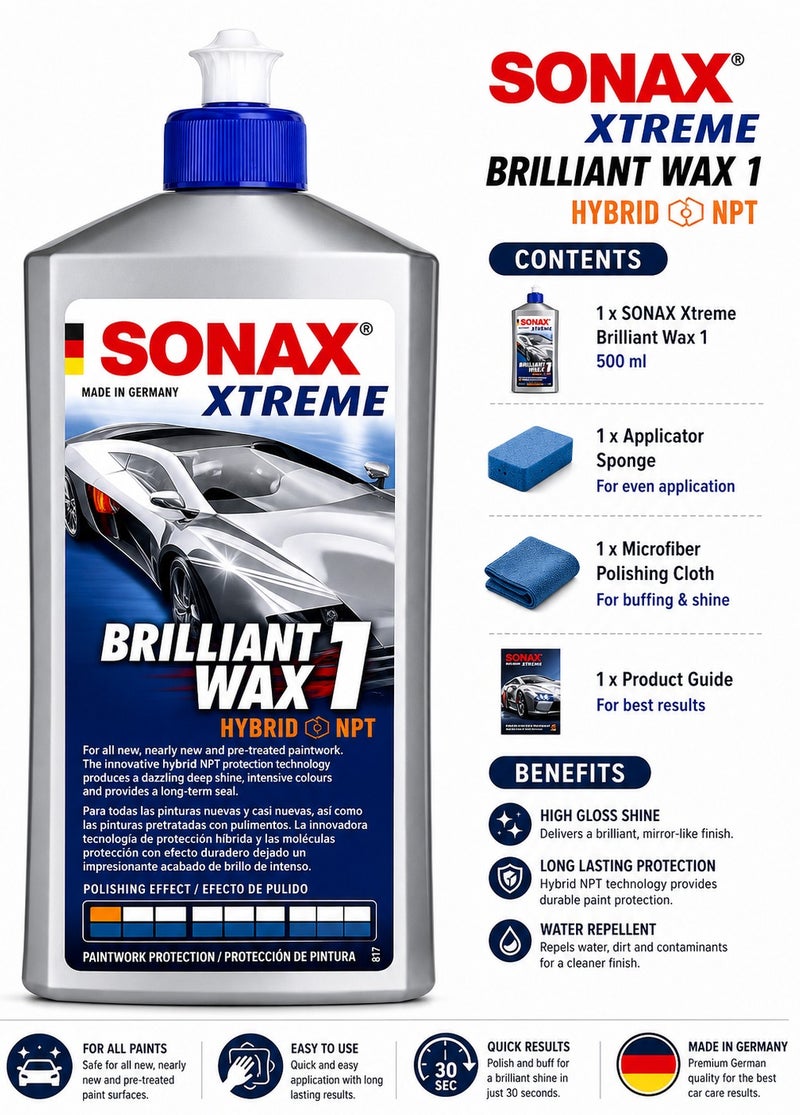 سونكس ملمع وحامي الطلاء SONAX XTREME Brilliant Wax 1 Hybrid NPT – لمعان فائق، حماية تدوم طويلاً، وخصائص طاردة للماء. مناسب للسيارات وسيارات الدفع الرباعي والدراجات النارية؛ فعال مع الطلاء الشفاف (Clear Coat) والمعدني (Metallic) والصلب (Solid)؛ يخفي الخدوش البسيطة ويوفر حماية للسطح. العبوة: 500 مل. - Image 2