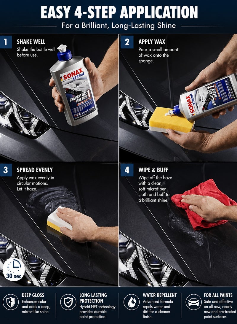 سونكس ملمع وحامي الطلاء SONAX XTREME Brilliant Wax 1 Hybrid NPT – لمعان فائق، حماية تدوم طويلاً، وخصائص طاردة للماء. مناسب للسيارات وسيارات الدفع الرباعي والدراجات النارية؛ فعال مع الطلاء الشفاف (Clear Coat) والمعدني (Metallic) والصلب (Solid)؛ يخفي الخدوش البسيطة ويوفر حماية للسطح. العبوة: 500 مل. - Image 3