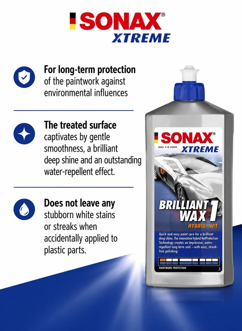 سونكس ملمع وحامي الطلاء SONAX XTREME Brilliant Wax 1 Hybrid NPT – لمعان فائق، حماية تدوم طويلاً، وخصائص طاردة للماء. مناسب للسيارات وسيارات الدفع الرباعي والدراجات النارية؛ فعال مع الطلاء الشفاف (Clear Coat) والمعدني (Metallic) والصلب (Solid)؛ يخفي الخدوش البسيطة ويوفر حماية للسطح. العبوة: 500 مل. - Image 4