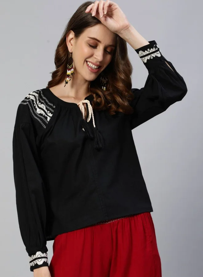 ISHIN Women's Black 100% Cotton Self Design A-Line Tops