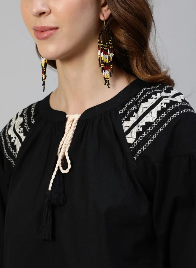 ISHIN Women's Black 100% Cotton Self Design A-Line Tops