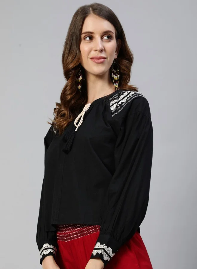 ISHIN Women's Black 100% Cotton Self Design A-Line Tops