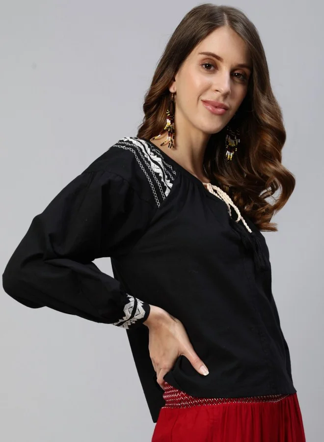 ISHIN Women's Black 100% Cotton Self Design A-Line Tops