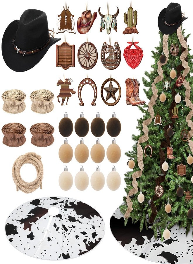 Syhood 31 Pcs Western Cowboy Christmas Tree Decor Set Velvet Christmas Ball Rustic Cowboy Hat Rope Cowhide Print Xmas Tree Skirt Wooden Ornament Vintage Burlap Ribbon for Xmas Holiday Party Home Decor - Image 1
