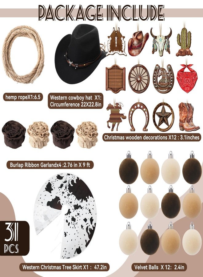 Syhood 31 Pcs Western Cowboy Christmas Tree Decor Set Velvet Christmas Ball Rustic Cowboy Hat Rope Cowhide Print Xmas Tree Skirt Wooden Ornament Vintage Burlap Ribbon for Xmas Holiday Party Home Decor - Image 3