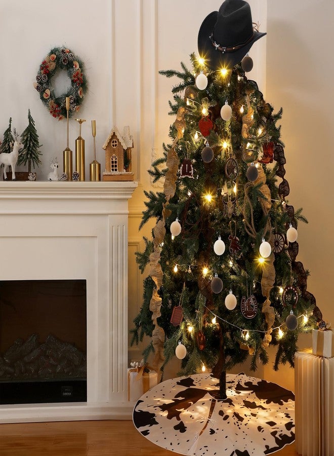Syhood 31 Pcs Western Cowboy Christmas Tree Decor Set Velvet Christmas Ball Rustic Cowboy Hat Rope Cowhide Print Xmas Tree Skirt Wooden Ornament Vintage Burlap Ribbon for Xmas Holiday Party Home Decor - Image 2