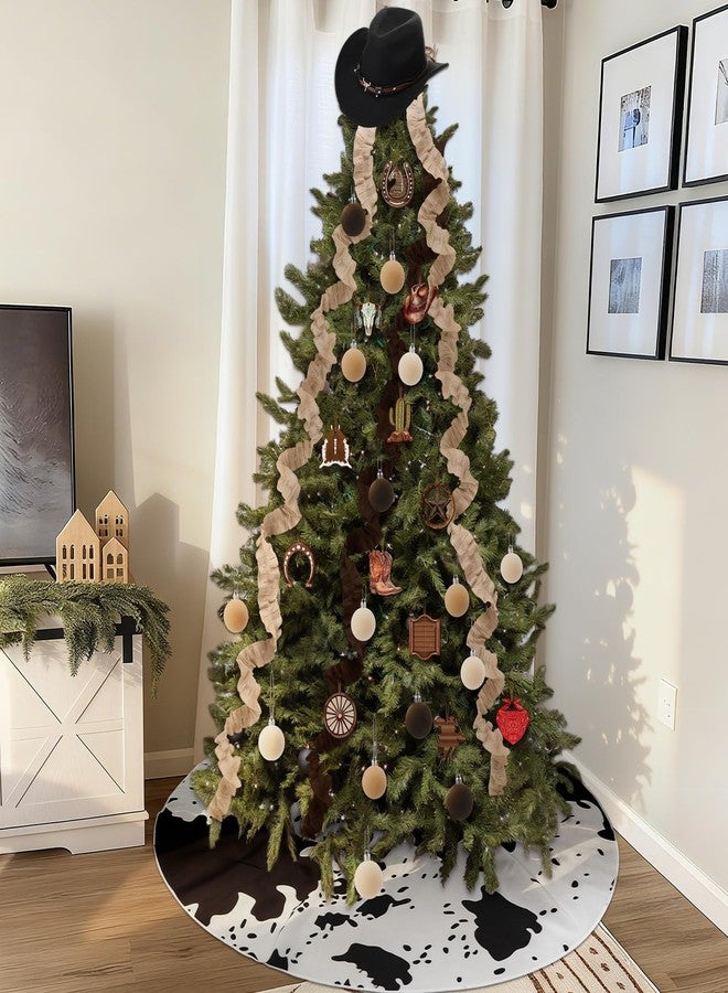 Syhood 31 Pcs Western Cowboy Christmas Tree Decor Set Velvet Christmas Ball Rustic Cowboy Hat Rope Cowhide Print Xmas Tree Skirt Wooden Ornament Vintage Burlap Ribbon for Xmas Holiday Party Home Decor - Image 4