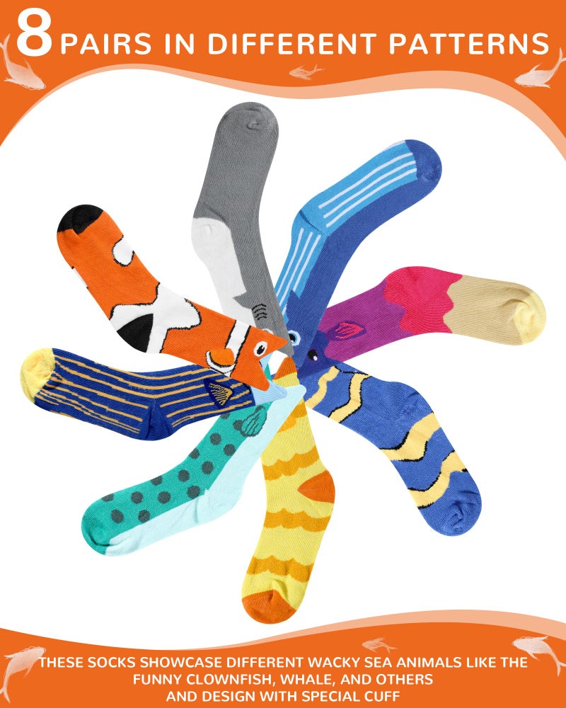 Bunnycool 8 Pairs Funny Fish Socks for Kids Crazy Clownfish Silly Socks Day Wacky Cotton Crew Boys Girls Novelty Gift(7-10 Years) - Image 2