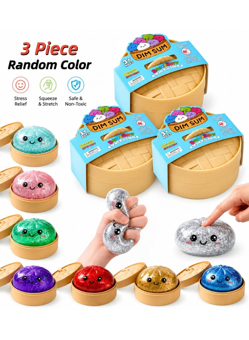 squishy 3 Pcs Glitter Dumpling Squishy, Dumpling Squishies, Mystery Box, Colorful Dumpling Stress Balls Fidget, Jumbo Squishy Toy with Steamer Box, Soft Squeeze Decompression Dough (Glitter Mystery color) - Image 1