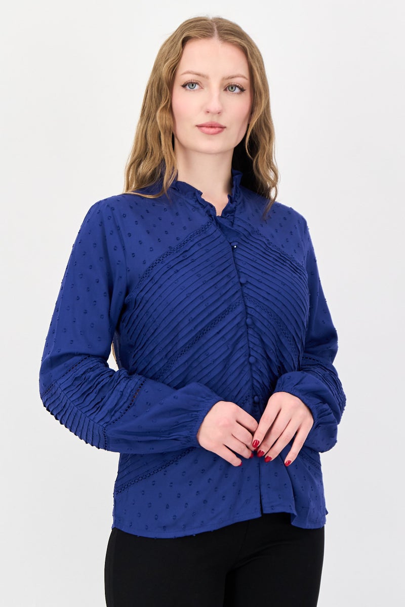 bebe Women Split Neck Short Sleeve Textured Blouse, Dark Blue - Image 1