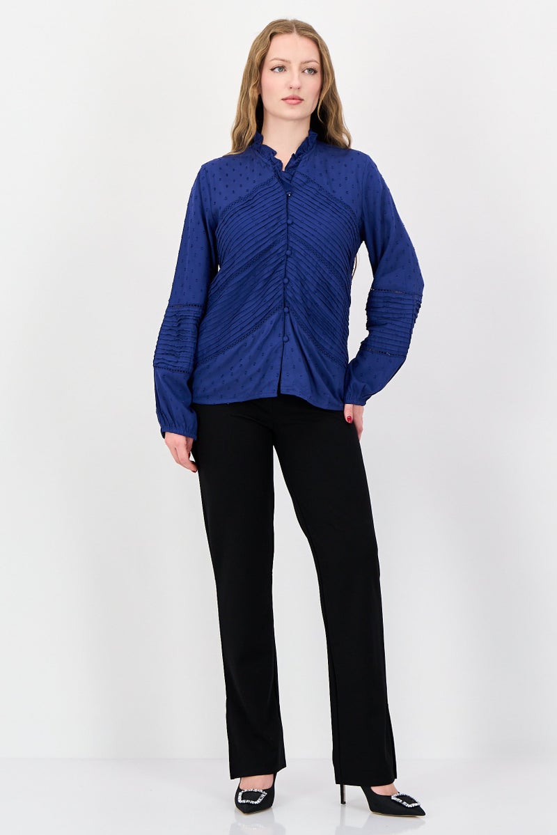 bebe Women Split Neck Short Sleeve Textured Blouse, Dark Blue - Image 2