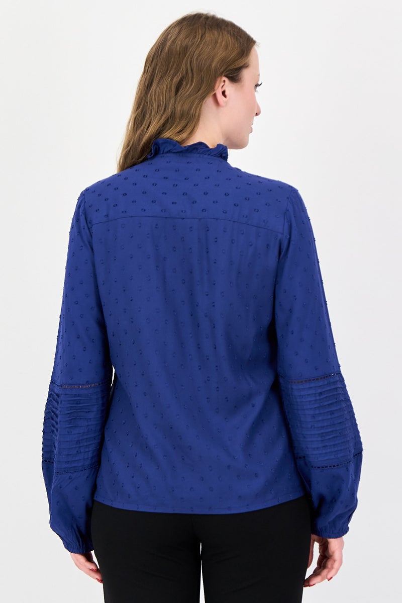 bebe Women Split Neck Short Sleeve Textured Blouse, Dark Blue - Image 4