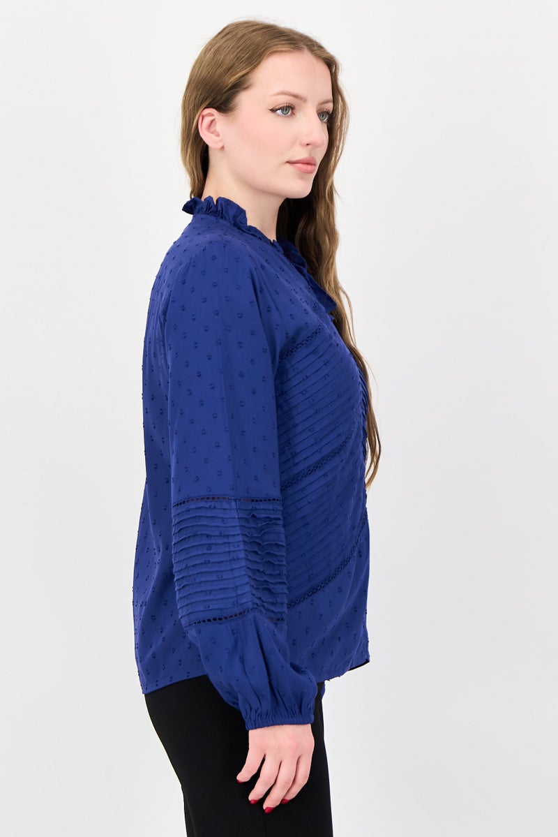 bebe Women Split Neck Short Sleeve Textured Blouse, Dark Blue - Image 3