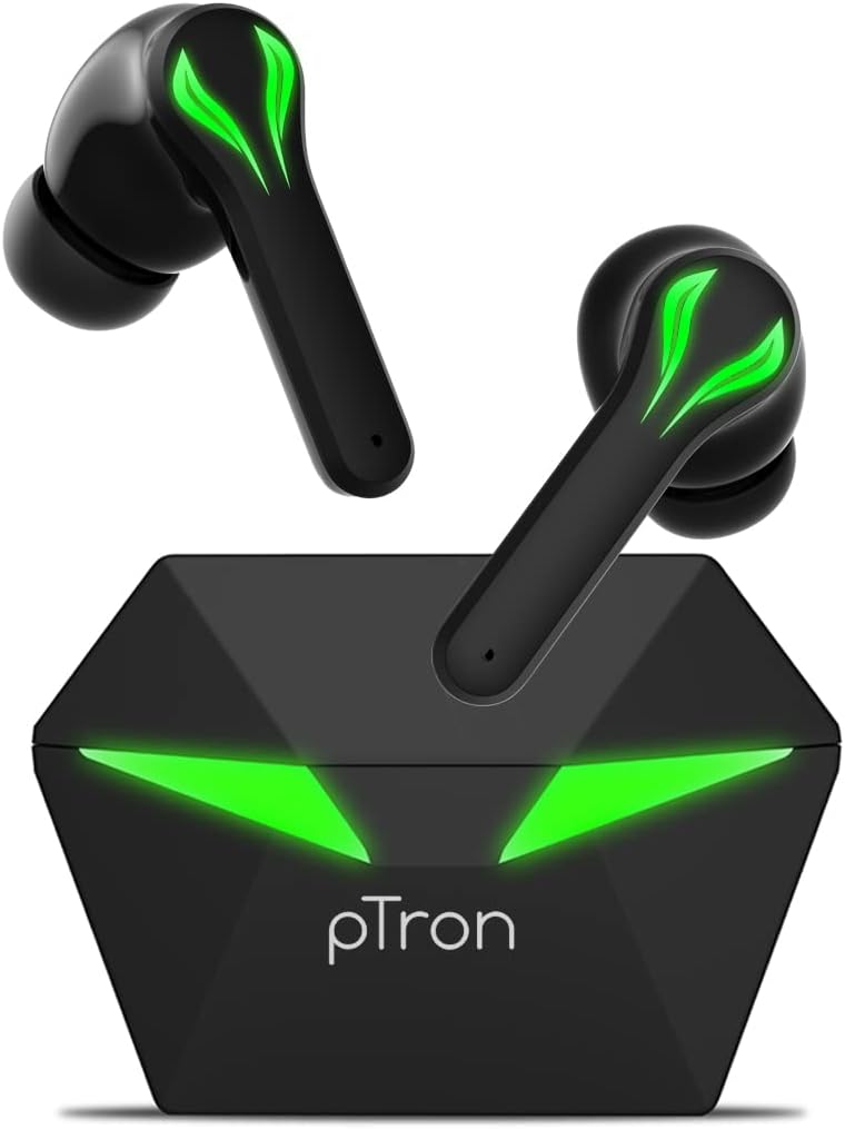 PTron Bassbuds Jade Gaming True Wireless Headphone with 40Hrs Total Playtime with Case, Low Latency, Deep Bass, BT5.0, Touch Control, Dual Mic, Passive Noise Cancellation & IPX4 Waterproof (Black) - Image 1
