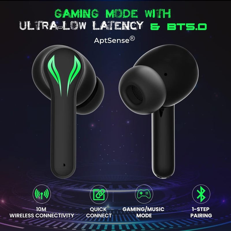 PTron Bassbuds Jade Gaming True Wireless Headphone with 40Hrs Total Playtime with Case, Low Latency, Deep Bass, BT5.0, Touch Control, Dual Mic, Passive Noise Cancellation & IPX4 Waterproof (Black) - Image 3