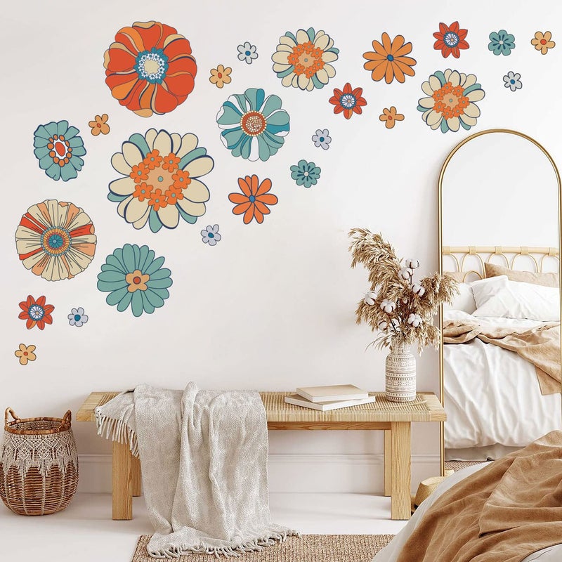 Supzone Boho Retro Floral Wall Decals Large Vintage Flower Wall Stickers Colorful Hippie Flower Wall Art Stickers for Bedroom Living Room Offices Sofa TV Backdrop Decoration