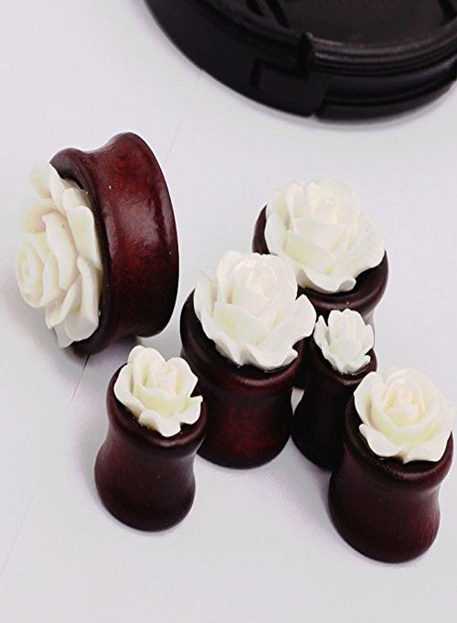 IPINK- Natural Bamboo Wood Hollow Ear Plug White Rose Flower Ear Tunnels (Pair of 00 gauge(10mm)) - Image 3