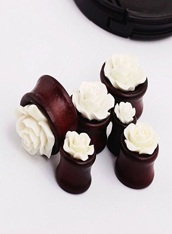 IPINK- Natural Bamboo Wood Hollow Ear Plug White Rose Flower Ear Tunnels (Pair of 00 gauge(10mm)) - Image 2