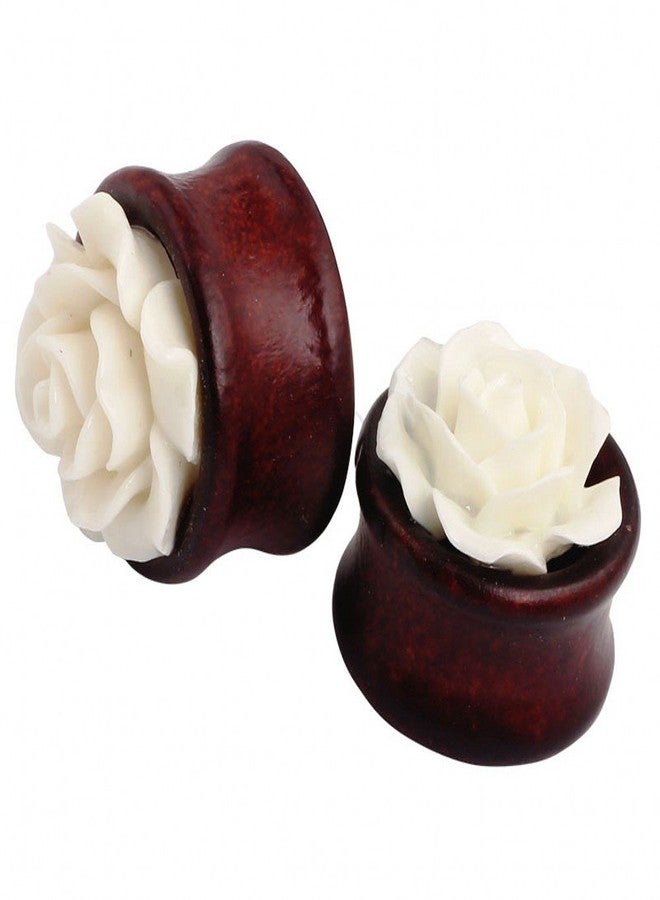 IPINK- Natural Bamboo Wood Hollow Ear Plug White Rose Flower Ear Tunnels (Pair of 00 gauge(10mm)) - Image 1