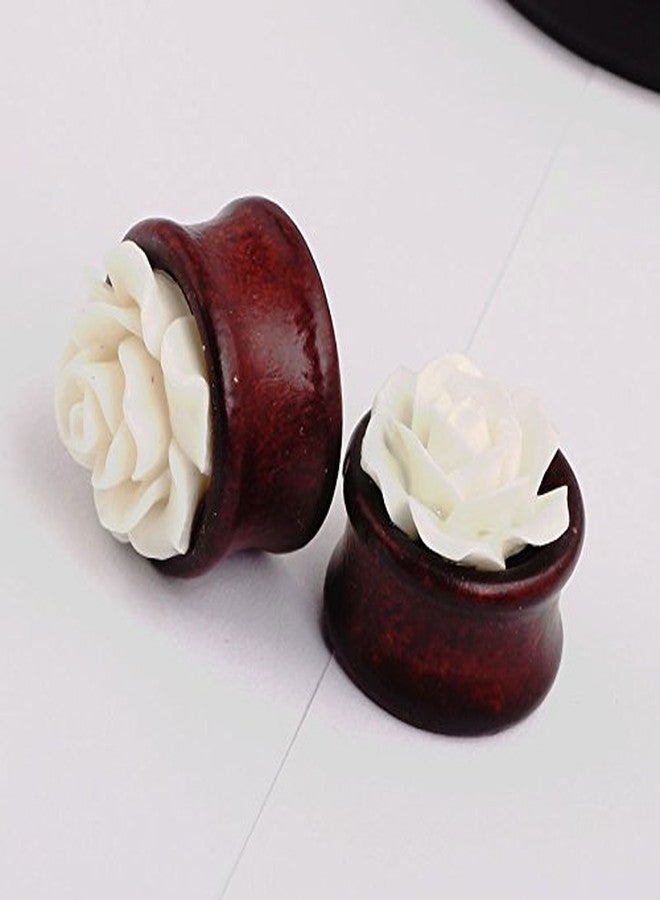 IPINK- Natural Bamboo Wood Hollow Ear Plug White Rose Flower Ear Tunnels (Pair of 00 gauge(10mm)) - Image 4