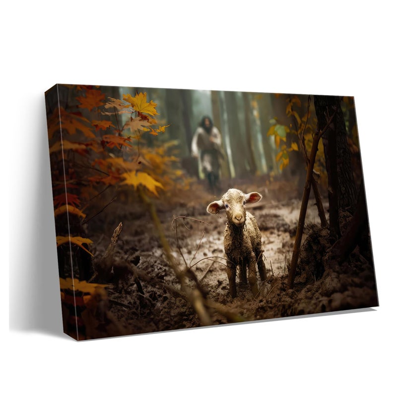 Ploceiny large artwork for wall Baptism wall art gifts for prayer room Jesus Running After Lost Lamb Picture for home decor canvas wall prints for for Living Room Bedroom decorations .(36"X24") A-399 - Image 1