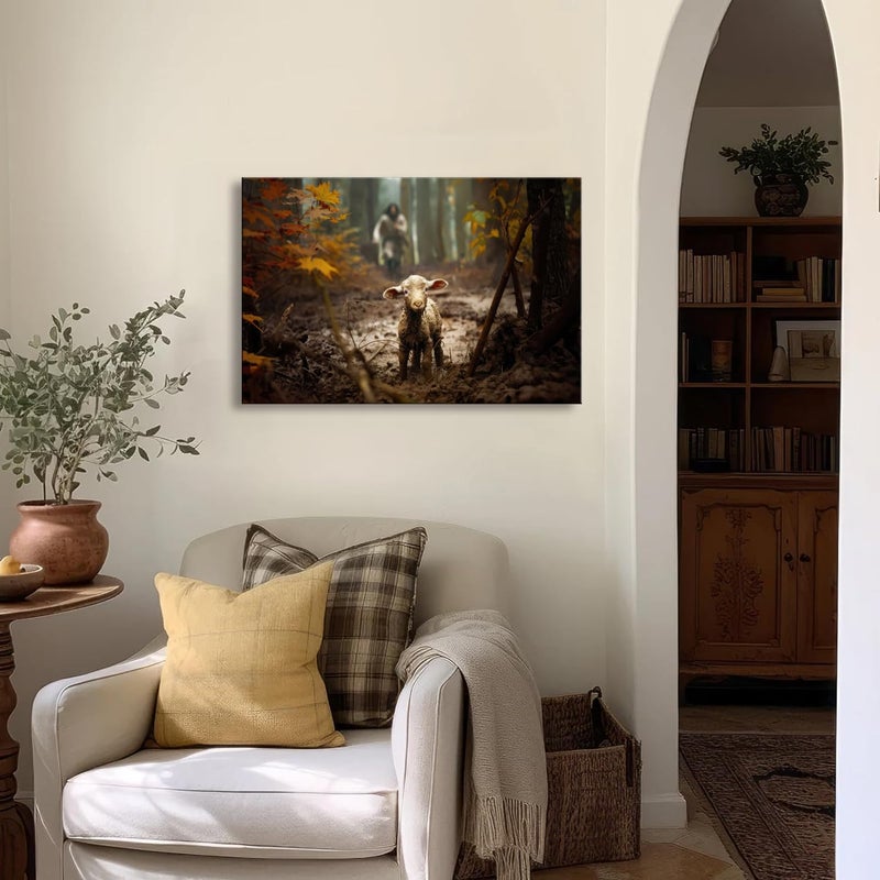 Ploceiny large artwork for wall Baptism wall art gifts for prayer room Jesus Running After Lost Lamb Picture for home decor canvas wall prints for for Living Room Bedroom decorations .(36"X24") A-399 - Image 5