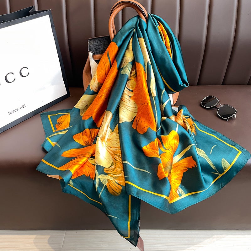 New Summer Lotus Yourou Yarn Long Scarf Shawl Scarf Sunscreen Li Jin Forged Printing Baotou Scarf Direct Selling Royal Blue 
