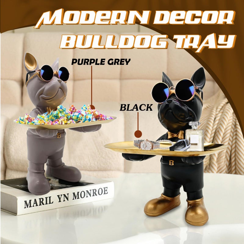 Huhote Bulldog Tray Statue  Standing Bulldog Candy Dish Key Holder Bowl  Bulldog Accessories  Resin Statues for Office Desk Home Decor Figurines Entryway Table Decor (Black) - Image 2