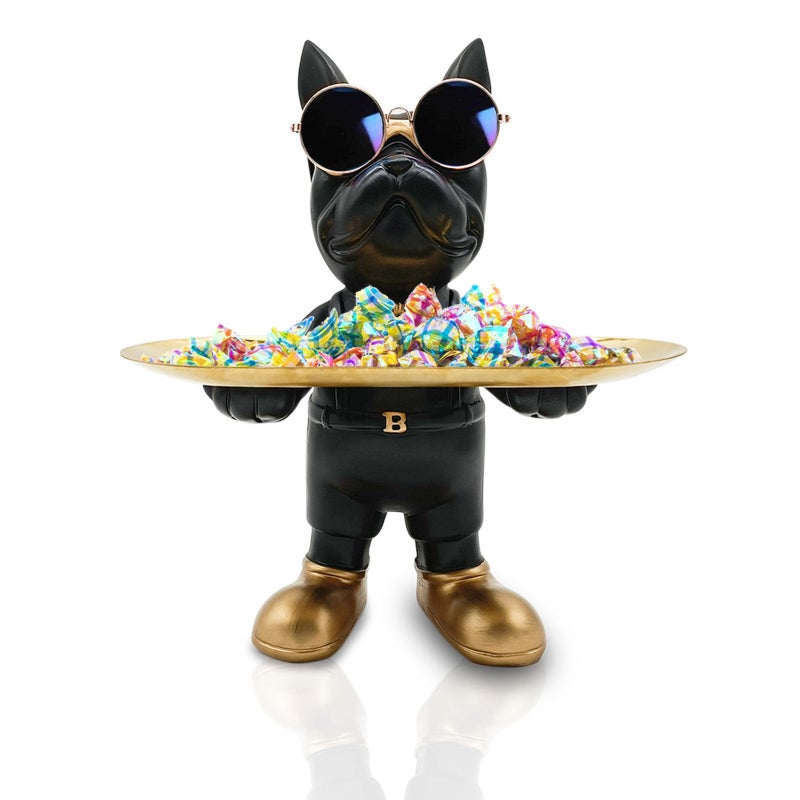 Huhote Bulldog Tray Statue  Standing Bulldog Candy Dish Key Holder Bowl  Bulldog Accessories  Resin Statues for Office Desk Home Decor Figurines Entryway Table Decor (Black) - Image 1