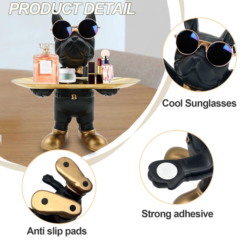 Huhote Bulldog Tray Statue  Standing Bulldog Candy Dish Key Holder Bowl  Bulldog Accessories  Resin Statues for Office Desk Home Decor Figurines Entryway Table Decor (Black) - Image 3