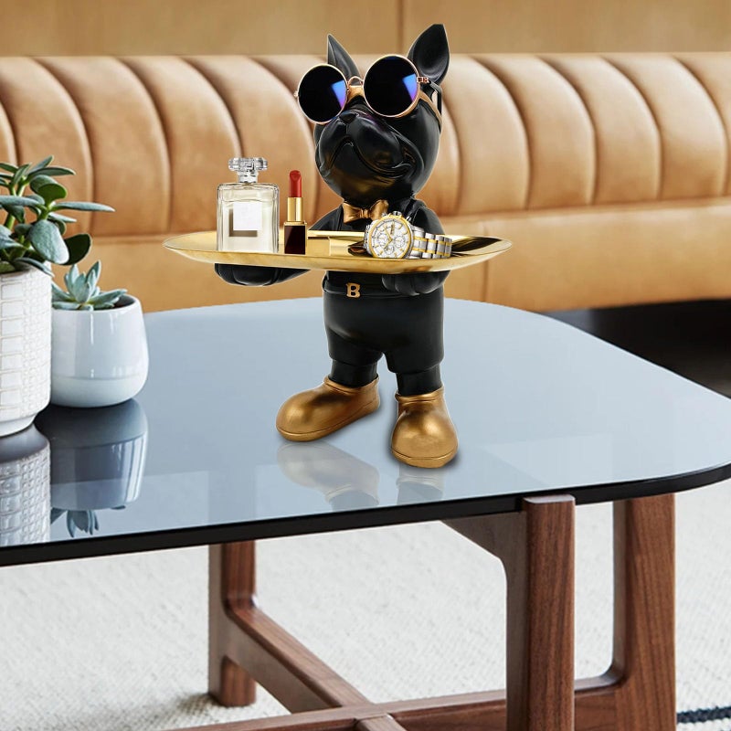 Huhote Bulldog Tray Statue  Standing Bulldog Candy Dish Key Holder Bowl  Bulldog Accessories  Resin Statues for Office Desk Home Decor Figurines Entryway Table Decor (Black) - Image 5