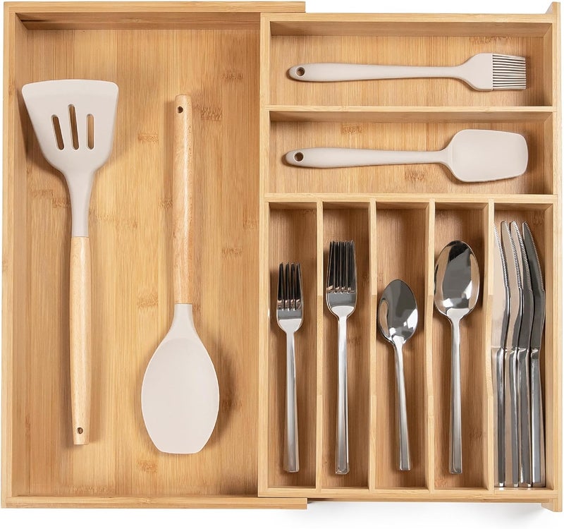 KitchenEdge Premium Silverware, Flatware and Utensil Organizer for Kitchen Drawers, Food-Safe Contract Grade, Expandable from 10.5 to 19 In, Natural Bamboo - Image 1