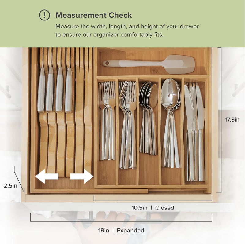 KitchenEdge Premium Silverware, Flatware and Utensil Organizer for Kitchen Drawers, Food-Safe Contract Grade, Expandable from 10.5 to 19 In, Natural Bamboo - Image 4