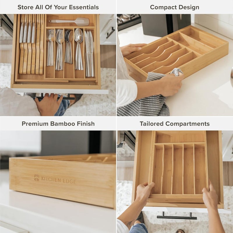 KitchenEdge Premium Silverware, Flatware and Utensil Organizer for Kitchen Drawers, Food-Safe Contract Grade, Expandable from 10.5 to 19 In, Natural Bamboo - Image 3