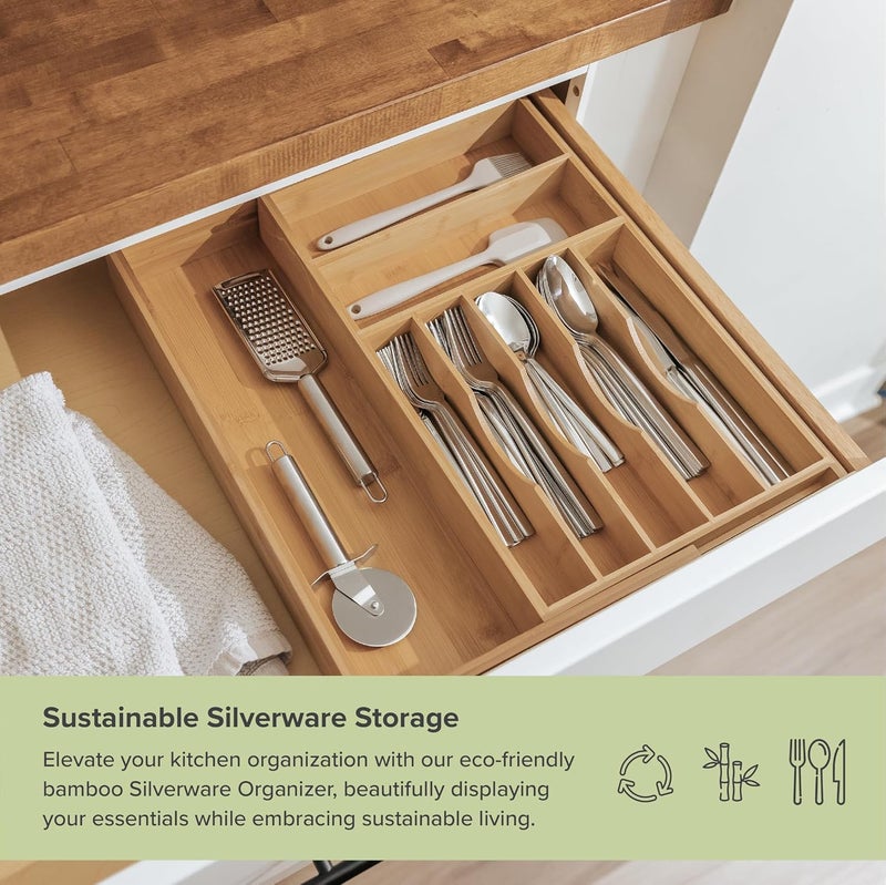KitchenEdge Premium Silverware, Flatware and Utensil Organizer for Kitchen Drawers, Food-Safe Contract Grade, Expandable from 10.5 to 19 In, Natural Bamboo - Image 5