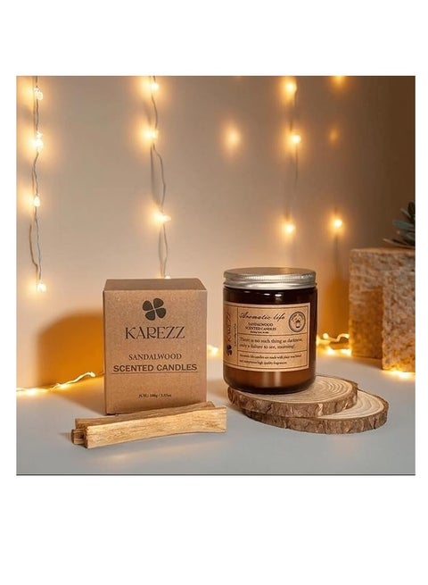 KAREZZ Sandalwood Scented Candles, 100g. Plant Wax Based, Eco Friendly Aromatherapy Candle, Clean-Burning Cotton Wick, Calming Fragrance for Stress Relief - Ideal for Home Decor & Relaxation.