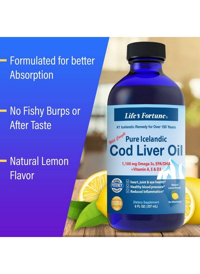 Life's Fortune - Cod Liver Oil Liquid Organic Lemon Flavor (8 Oz) 1000 Mg Omega + Vitamin A E & D3 Supports Immune Health 100% Fish Oil Supplement From Wild Ocean Codgmo Free - Image 1