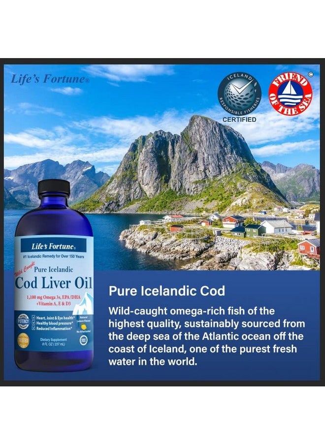 Life's Fortune - Cod Liver Oil Liquid Organic Lemon Flavor (8 Oz) 1000 Mg Omega + Vitamin A E & D3 Supports Immune Health 100% Fish Oil Supplement From Wild Ocean Codgmo Free - Image 1