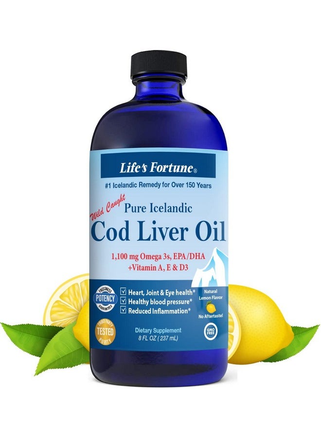 Life's Fortune - Cod Liver Oil Liquid Organic Lemon Flavor (8 Oz) 1000 Mg Omega + Vitamin A E & D3 Supports Immune Health 100% Fish Oil Supplement From Wild Ocean Codgmo Free - Image 1